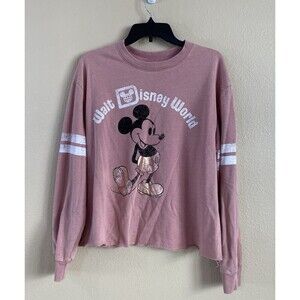 Walt Disney World Size L Mickey Crew Neck Pink Rosegold Raw Hem Sweatshirt